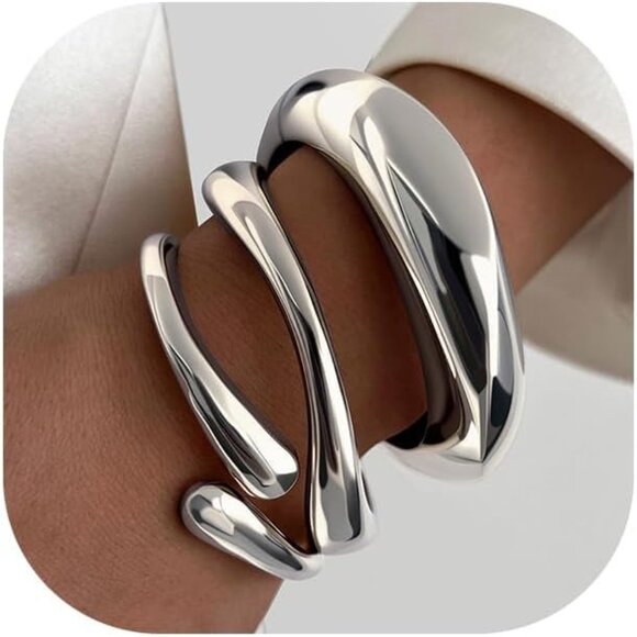 Trendy Silver-3 Sets Bangle bracelet Women Teen Chunky Adjustable Twist Jewelry - Picture 2 of 6